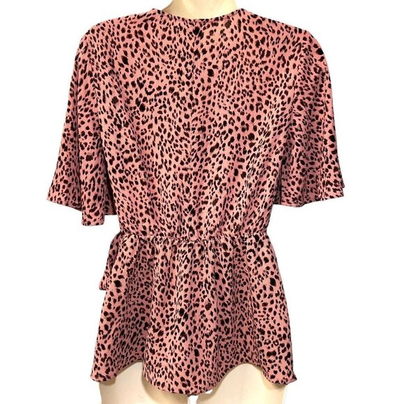 Francesca's Mi Ami Faux Wrap Peplum Blouse Small Animal Print Flutter S/S NWT - Picture 12 of 12